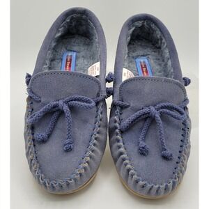EUC Blue Suede Moccasins Cushioned Faux Fur Slip-On MOON BEAM Slippers SIZE 6